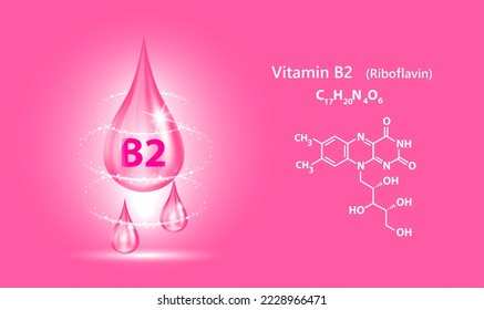 Vitamin B2 Icon structure drop water collagen pink dark. 3D Realistic Vector. Medical, scientific concepts. Beauty treatment nutrition skin care design. Solution complex with Chemical formula nature.