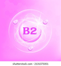 Estructura del icono de la vitamina B2 de color rosa claro morado, blanco. Símbolo médico de la tiamina. Ilustración de vectores 3D. Complejo con fórmula química. Cuidado personal, belleza. Concepto de negocio de drogas.