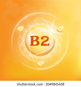 Vitamin B2-Symbol strukturiert gelbe Substanz. 3D Vitamin-Komplex mit chemischer Formel. Persönliche Pflege, Beauty-Konzept. Medizinisches Gesundheitssymbol von Thiamin. Konzept des Drogenhandels. Vektorgrafik.