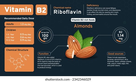 Vitamin B2 Illuminating Health from Within-Discover the Daily Dose, Chemical Power, Retinol Structure, and Rich Foods with Serving Sizes to Nourish Your Vision- Vector infographics Design