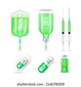 Vitamin B2 inside saline bag, capsule, vaccine bottle and syringe isolated on white background vector. Serum collagen vitamins IV drip and minerals green for health. Medical aesthetic concept.