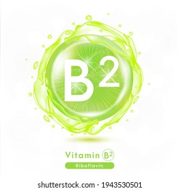 Vitamin B2, Light green shining pill capsule. Vitamin complex with Chemical formula.  Meds for health ads. Beauty treatment nutrition skin care design. 3D Vector illustration.