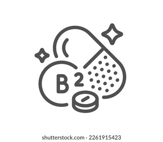 Vitamin B2 line icon. Riboflavin food nutrient sign. Capsule or pill supplement symbol. Quality design element. Linear style riboflavin vitamin icon. Editable stroke. Vector