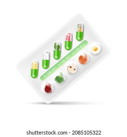 Vitamin B2. Medicine capsule green. Fruits and vegetables that neutralize free radicals. Anti aging beauty enhancement concept and health care. 3D vector EPS10.