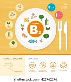 Vitamin B2 nutrition infographic with healthcare and food icons: diet, healthy food and wellbeing concept