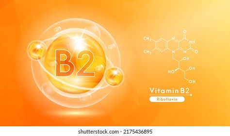 Vitamin B2 orange and structure. Pill vitamins complex and bubble collagen serum chemical formula. Beauty treatment nutrition skin care design. Medical and scientific concepts. 3D Vector EPS10.