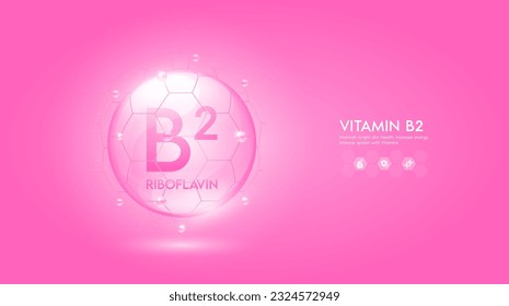 Vitamin B2 rosafarbene Lösung oder Riboflavin. Innovationsreparatur sorgt für eine helle Hautpflege gegen Alterung. Vitaminkomplex und Kollagenserum. Für medizinische Schönheitsbehandlungen Ernährung Kosmetik Design. Vektorgrafik.