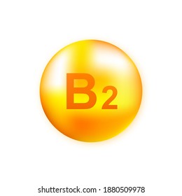 Vitamin B2 with realistic drop on gray background. Particles of vitamins in the middle. Vector illustration.