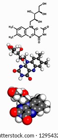 Vitamin B2 (riboflavin), molecular model. Atoms are represented as spheres with conventional color coding: hydrogen (white), carbon (grey), oxygen (red)