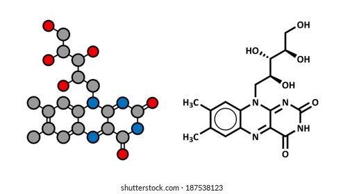 Vitamin B2 (riboflavin) molecule. Stylized 2D rendering and conventional skeletal formula.