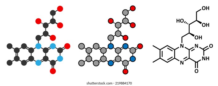 Vitamin B2 (riboflavin) molecule. Stylized 2D rendering and conventional skeletal formula.