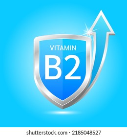Vitamin B2 shield with blue atom, an up arrow. Protect body stay healthy, protection from chemicals entering body. For nutrition products food. Medical scientific concepts. Vector illustration 3D.