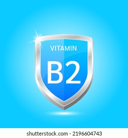 Vitamin B2 shield with blue atom, an up arrow. Protect body stay healthy, protection from chemicals entering body. For nutrition products food. Medical scientific concepts. Vector illustration 3D.
