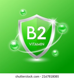 Escudo de vitamina B2 con átomo verde. Proteger el cuerpo para que permanezca sano. Para alimentos de productos nutritivos. Conceptos científicos médicos. Ilustración vectorial.