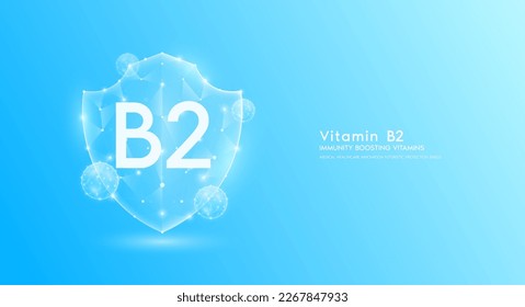 Vitamin B2 shield polygonal translucent blue. Immunity boosting vitamins. Medical innovation protect your body healthy. Shield low poly triangle modern futuristic protection. Banner vector.