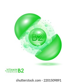 Vitamin B2 shining pill capsule. Skincare beauty treatment with vitamins complex with cholecalciferol. Green ball with bubbles isolated on white background. Cosmetic beauty product design vector. 