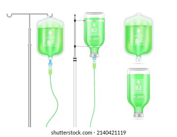 Vitamin B2 Solution Inside Saline Bag, Bottle And Syringe Hanging On Pole. Isolated On White Background Vector. Serum Collagen Vitamins IV Drip And Minerals Green For Health. Medical Aesthetic Concept