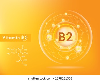 Vitamin B2 and structure. Medicine capsule, Golden substance. 3D Vitamin complex with chemical formula. Personal care and beauty concept. Vector Illustration