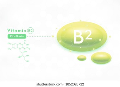 Vitamin B2 and structure. Medicine capsule, Light green substance. Personal care and beauty concept. 3D Vector EPS10