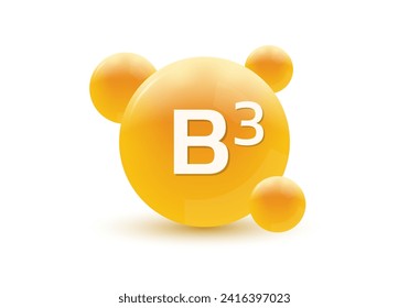 Icono de vitamina B3 3d. Caída del círculo, cápsula o píldora aislada sobre fondo blanco. Diseño de burbujas moléculas. Ilustración vectorial.