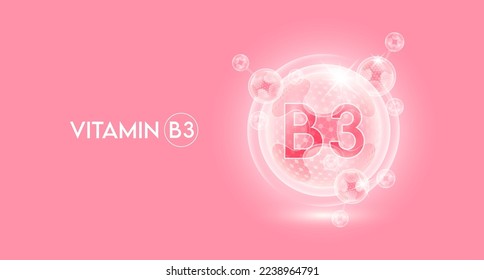 Vitamin B3 and bubble atom molecule collagen serum chemical formula shield protection skin. Skincare anti age nutrition supplement multivitamin complex. On pink background. 3D vector.