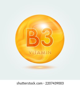 Vitamin B3 capsule orange golden. Beauty nutrition skincare. Vitamins complex isolated on gray background. For product design. Medical and scientific concepts. Icon 3D Vector EPS10.