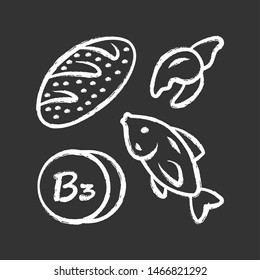 Vitamin B3 chalk icon. Bread, fish and seafood. Healthy eating. Nicotinic acid. Vitamin PP, niacin natural food source. Proper nutrition. Minerals, antioxidant. Isolated vector chalkboard illustration