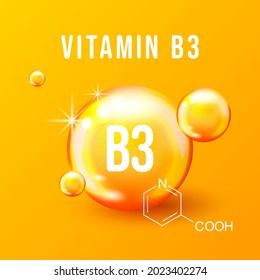 Vitamin B3 chemical formula vector illustration. Vitamin B3 capsule. Vector icon for health. Gold shining pill. Nutrition sign vector concept. The power of vitamin B3. Chemical formula