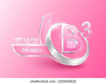 Vitamin B3 in circle shape pink with arrow. Used for designing dietary supplements or beauty products. Medical concepts. Isolated 3d icon. Vector EPS10 illustration.