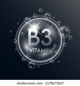Vitamin B3 collagen in the form of a bubbles transparent with white drops water surround. Isolated 3D Vector. Used for advertising cosmetic products.