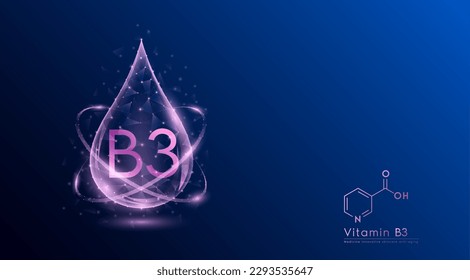 Vitamin B3 drop pink low poly and structure chemical formula. Medicine science innovative. Multivitamins complex collagen supplement skincare anti aging. Cosmetics nutrition banner design. Vector.