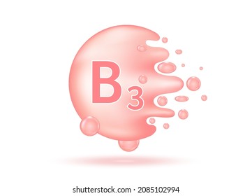 Vitamin B3 drop water. Vitamin complex from nature. Beauty treatment nutrition skin care design. Medical and scientific concept. Pink pill capsule isolated on white background. 3D Realistic Vector.