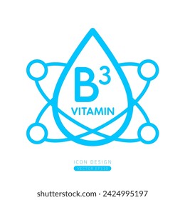 Vitamin B3 Tropfer Symbol blau mit umgebenden Molekülen bilden einfache Linie. Isoliert auf weißem Hintergrund. Medizinisches Symbolkonzept. Design für den Einsatz auf mobilen Web-App- und Printmedien. Vektor.