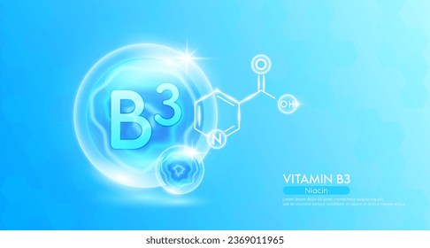 Vitamin B3 essential supplement to the health body. Blue vitamins complex and chemical formula structure. Minerals collagen serum. Beauty nutrition skin care design or cosmetic. 3D vector.