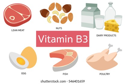 Vitamin B3 Food Sources On White Background.