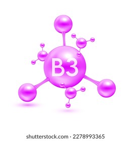 Vitamin B3 in the form of atoms molecules purple glossy. Icon 3D isolated on white background. Minerals vitamins complex. Medical and science concept. Vector EPS10 illustration.