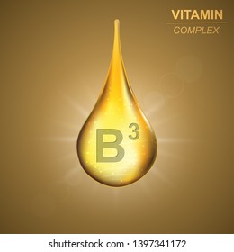 Vitamin B3 Gold Shining Drop Icon . Niacin Vitamin Complex Background