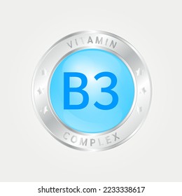 Vitamina B3 Estructura de iconos circundante azul. borde plateado. EPS vectorial 3D10. Complejo de píldoras, fórmula química sérica de colágeno. Tratamiento de belleza nutrición diseño de cuidado de la piel, saludable. Médico, científico. 