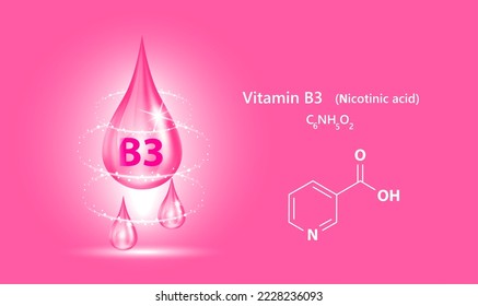 Vitamin B3 Symbolstruktur Tropfen Wasser Kollagen rosa dunkel. 3D-Realistischer Vektorgrafik. Medizinische, wissenschaftliche Konzepte. Schönheitsbehandlung Ernährung Hautpflege Design. Lösungskomplex mit chemischer Formelnatur.