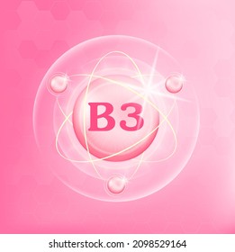 Vitamin B3-Ikone strukturieren hellrosa Substanz. Medizinisches Gesundheitssymbol von Thiamin. Konzept des Drogenhandels. Vektorgrafik. 3D Vitamin-Komplex mit chemischer Formel. Persönliche Pflege, Beauty-Konzept