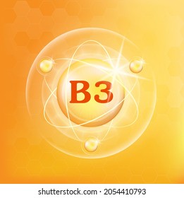 Vitamin B3 icon structure yellow substance. Medicine health symbol of thiamine. Drug business concept. Vector Illustration. 3D Vitamin complex with chemical formula. Personal care, beauty concept. 