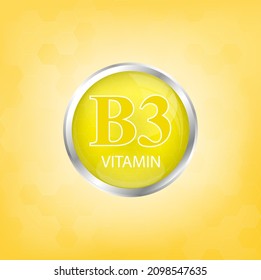 Estructura del icono de vitamina B3, sustancia amarilla. Cuidados personales, concepto de belleza. Símbolo médico de la tiamina. Concepto de negocio de drogas. Ilustración de vectores 3D. Complejo de vitamina con fórmula química.