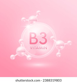 Vitamina b3 y aminoácidos de Lecitina. Cuidados de piel rosada en suero de colágeno. Para belleza cosmética con fórmula química. Concepto científico médico. Vector 3D.