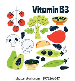 Vitamin B3 main food sources: cabbage, fish, meat, nuts, tomato. Vector illustration in a hand-drawn style. Perfect for pharmacological or medical poster, flyer, banner.