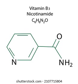 Estructura molécula de vitamina B3. Fórmula esquelética de la nicotinamida. Compuesto químico. Ilustración vectorial. Imagen de archivo.
