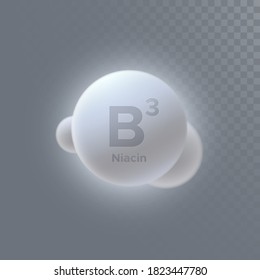 Vitamin B3 or niacin icon isolated on transparent background. Vector 3d illustration. Dietary supplement. Medical or pharmacy concept. Infographic element with B3 sign
