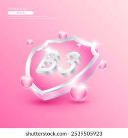 Vitamin B3 or Niacin in silver shield shape and pink atom. Protect the body stay healthy. Used for nutrition products food. Medical scientific concepts. Isolated 3D Vector EPS10 illustration.