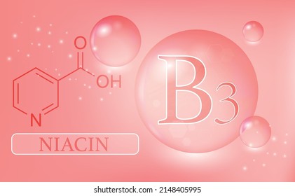 Vitamin B3, niacin, water drops, capsule on a pink background. Vitamin complex with chemical formula. Information medical poster. Vector illustration