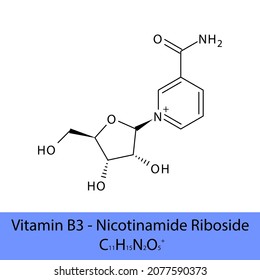 Vitamin B3 Nicotinamide riboside Skeletal structure and molecular formula. Organic biomolecule, isolated vector illustration