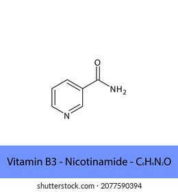 Vitamin B3 Nicotinamide Skeletal structure and molecular formula. Organic biomolecule, isolated vector illustration